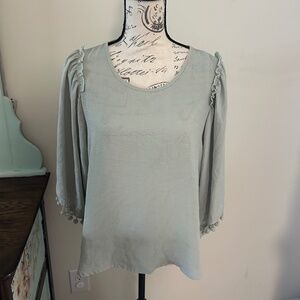 Spense Ruffle Pom Pom Boho Muted Sea Green Top Blouse Size XL